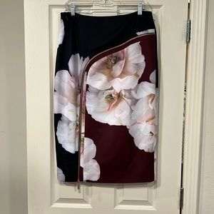 Ted Baker London Asymmetrical Skirt in Black and Burgundy Floral